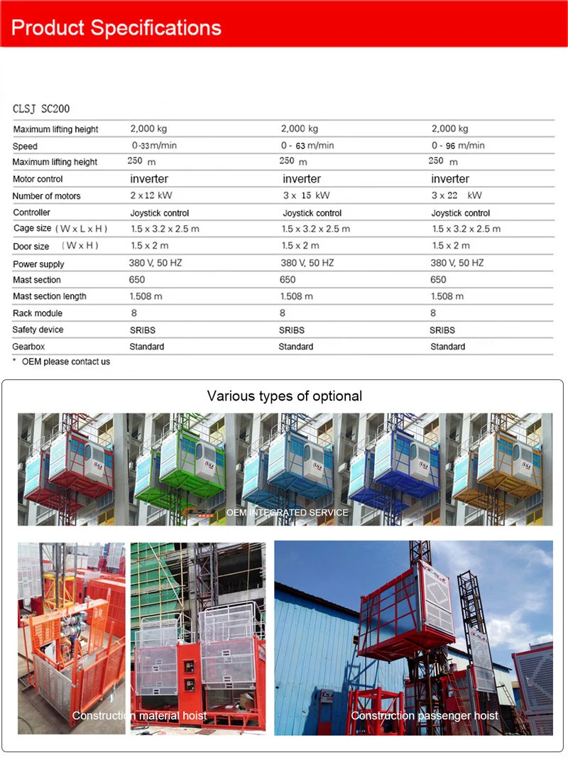 High Security Performance Sc 200/200 0-33m/Min Construction Hoist